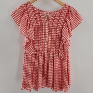 Max Studio Red/White Checked Flutter Sleeve Lightweight Top Womens Size Medium